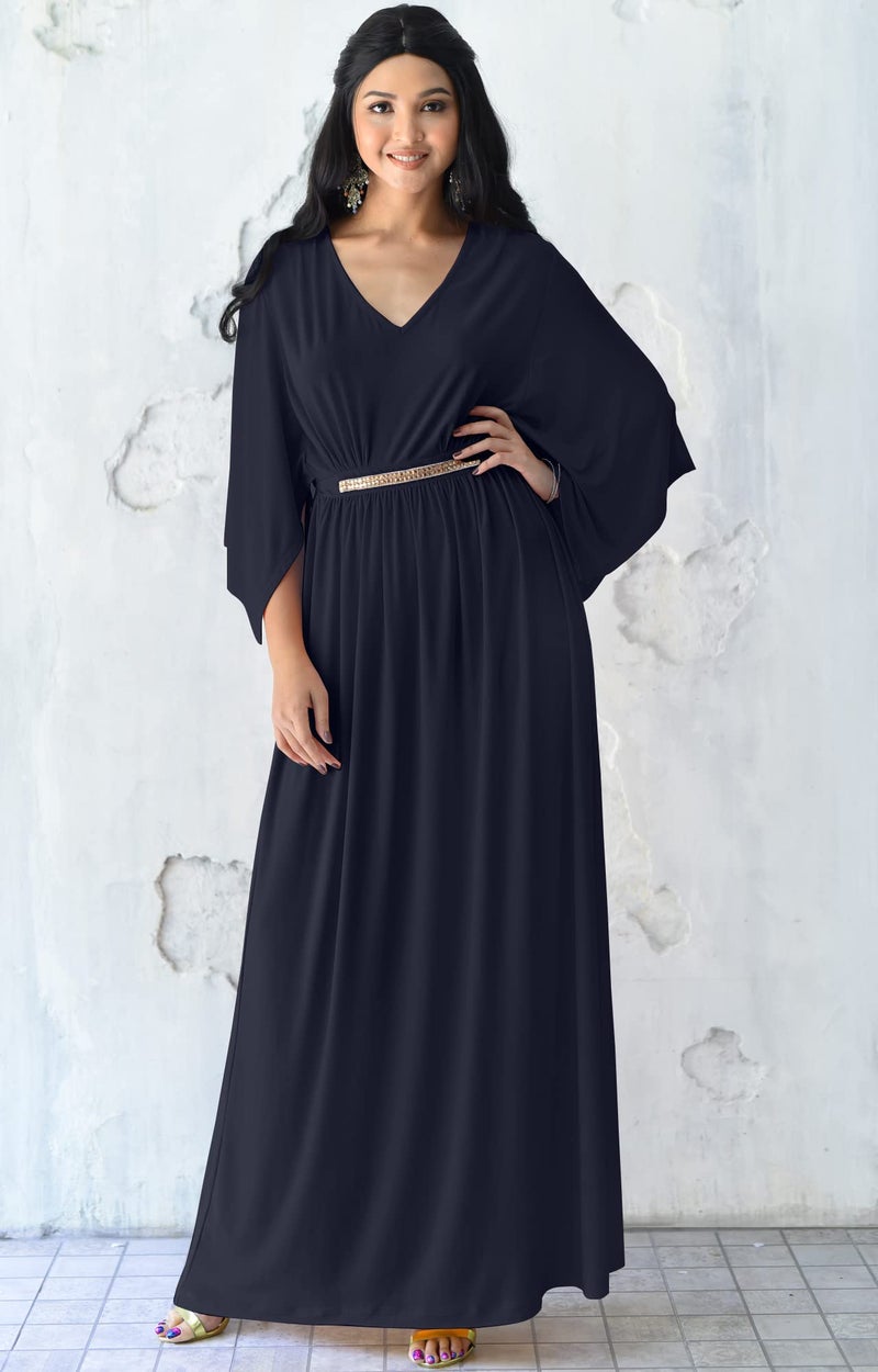 KOH KOH Womens Long V-Neck Half Batwing Dolman Sleeve Evening Cocktail Flowy Empire Waist Bridesmaid Formal Kaftan Wedding Guest Gown Gowns Maxi Dress Dresses, Dark Navy Blue M 8-10 - Image 3